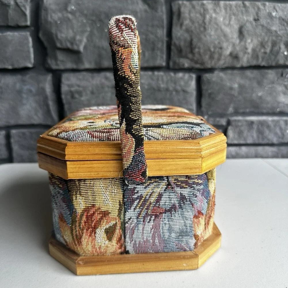 Vintage Cat Tapestry Sewing Basket Wood Frame & Handle Cottage Granny Whimsical
